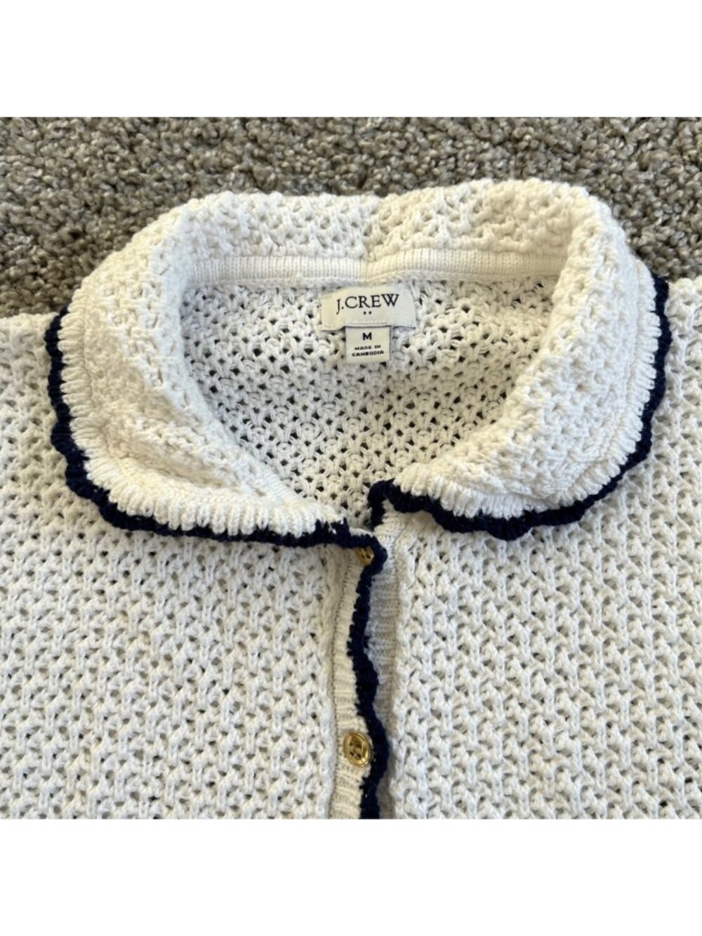 J.Crew Women's Sz M Cardigan With Navy Trim & Gold Buttons Short-Sleeve Collared - Picture 3 of 10